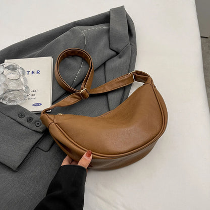 Retro Hobos Bag For Women Half Moon Shoulder Bag Large Capacity PU Leather Zipper Crossbody Bags Solid Color Handbags 2024
