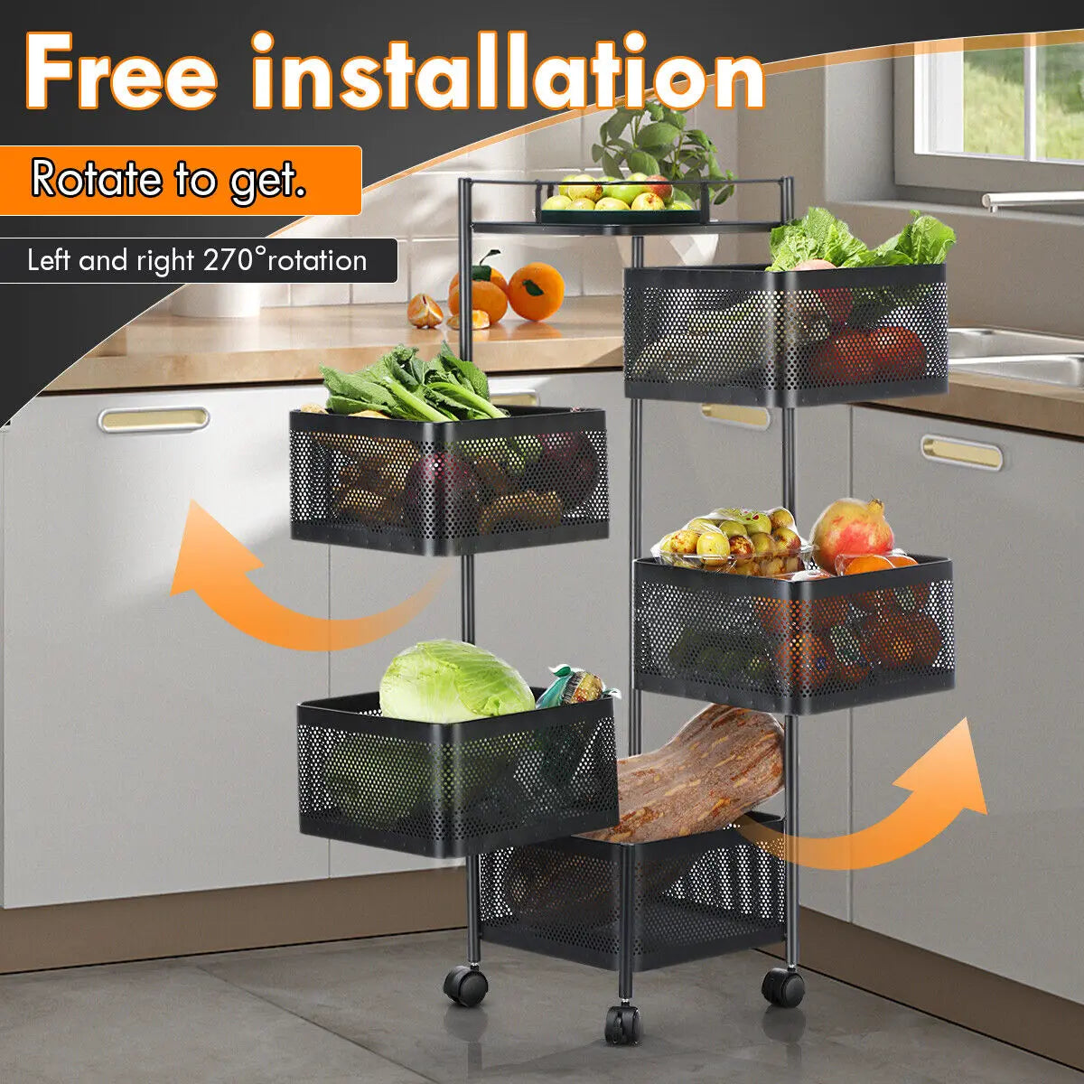 6 Tier Rotating Storage Shelves Rack,Kitchen Vegetable Storage Trolley,Vegetable Fruit Storage Basket Rack,5 Layer Kitchen Rotating Storage Rack,Vegetable Trolley,Potato Storage,Onion Storage