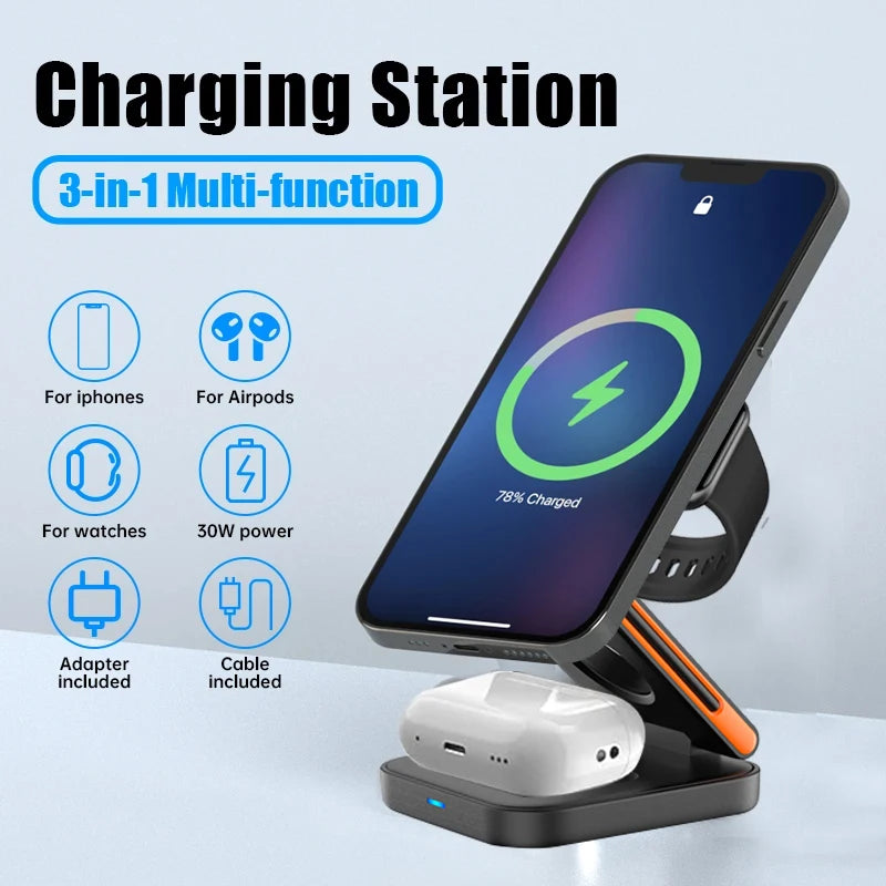 3 in 1 Foldable Charging Station Fast Magnetic Wireless Charger Stand for iPhone 17 16 15 14 13 12 Apple Watch 8 7 6 Airpods Pro