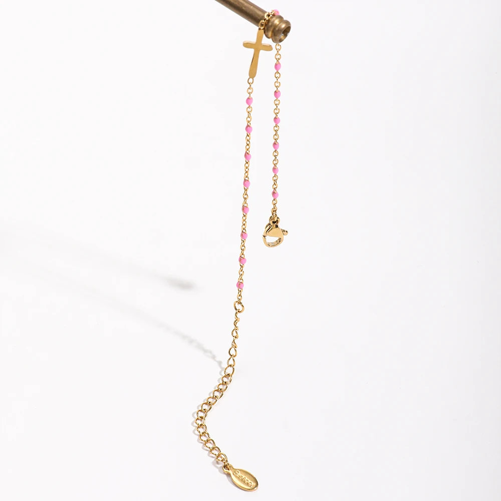 ZMZY Girls Boho Thin Chain Stainless Steel Bracelets For Women Gold Color Peach Pink Cross Charm Beautiful Gift
