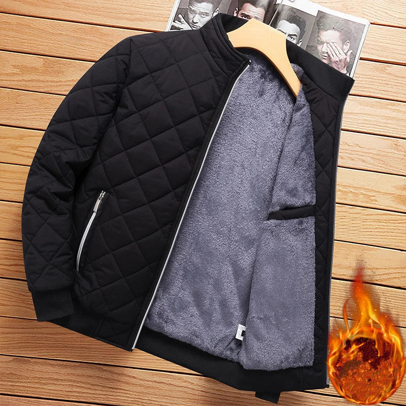 Autumn Winter Bomber Jacket Men Diamond Pattern Fleece Lined Casual Jacket Men Fashion Clothing 2026 Brand New Slim Fit Coat