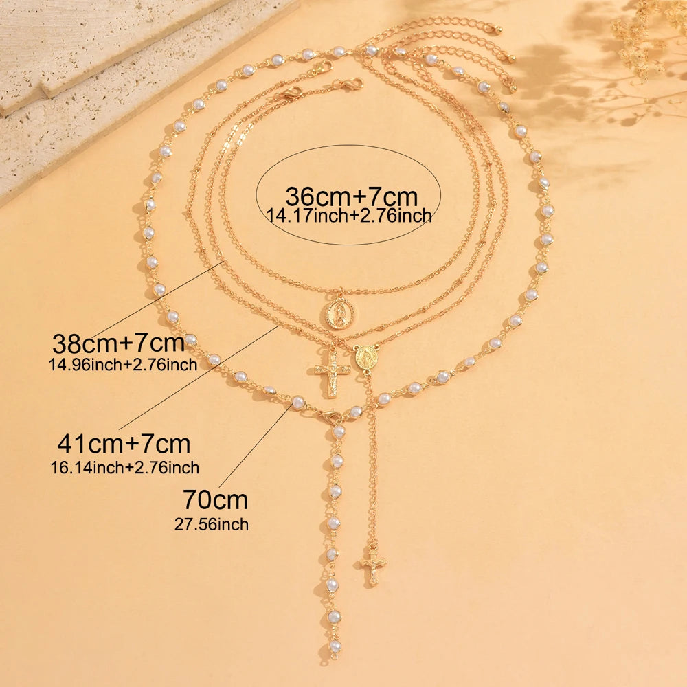 Layered Rosary Cross Necklace Vintage Gold Silver Mary Pendant Pearl Beaded Y Lariat Jewelry Gift for Women