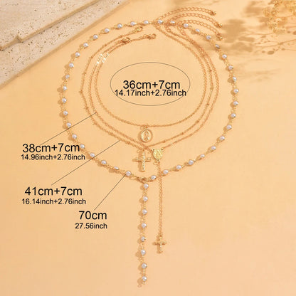 Layered Rosary Cross Necklace Vintage Gold Silver Mary Pendant Pearl Beaded Y Lariat Jewelry Gift for Women