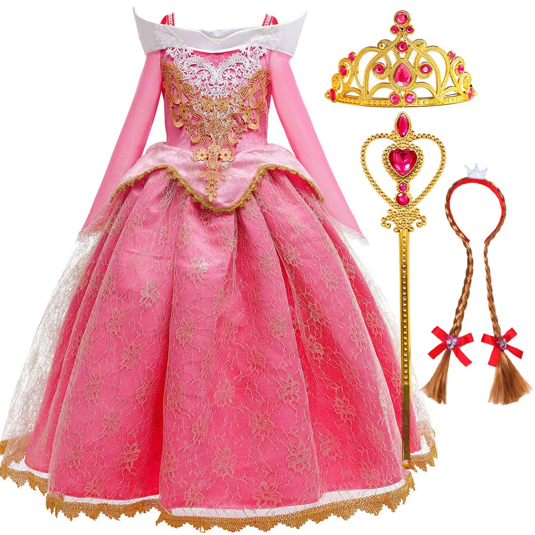 2026 Disney Sleeping Beauty Aurora Princess Dress Girl Cosplay Off Shoulder Kids Gifts Fancy Party Girl Baby Fine Lace Dress Set
