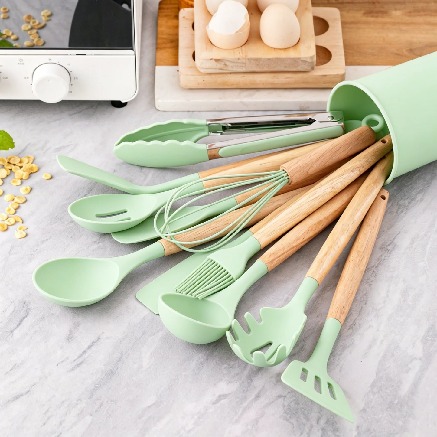 Silicone Kitchen Utensils Set 12-Piece, Heat Resistant, BPA Free, Wooden Handles & Storage Bucket for Non-Stick Cookware, Baking & Cooking