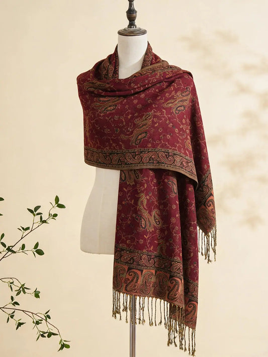 A ladies' paisley cashew jacquard Bohemian style long tassel windproof shawl scarf suitable for daily travel, photography, and w