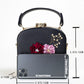 Women Trendy  Floral Decor Solid PU leather Clutch Bag，Faux Pearls Big Metal Frame Dinner Chain Boxy Bag