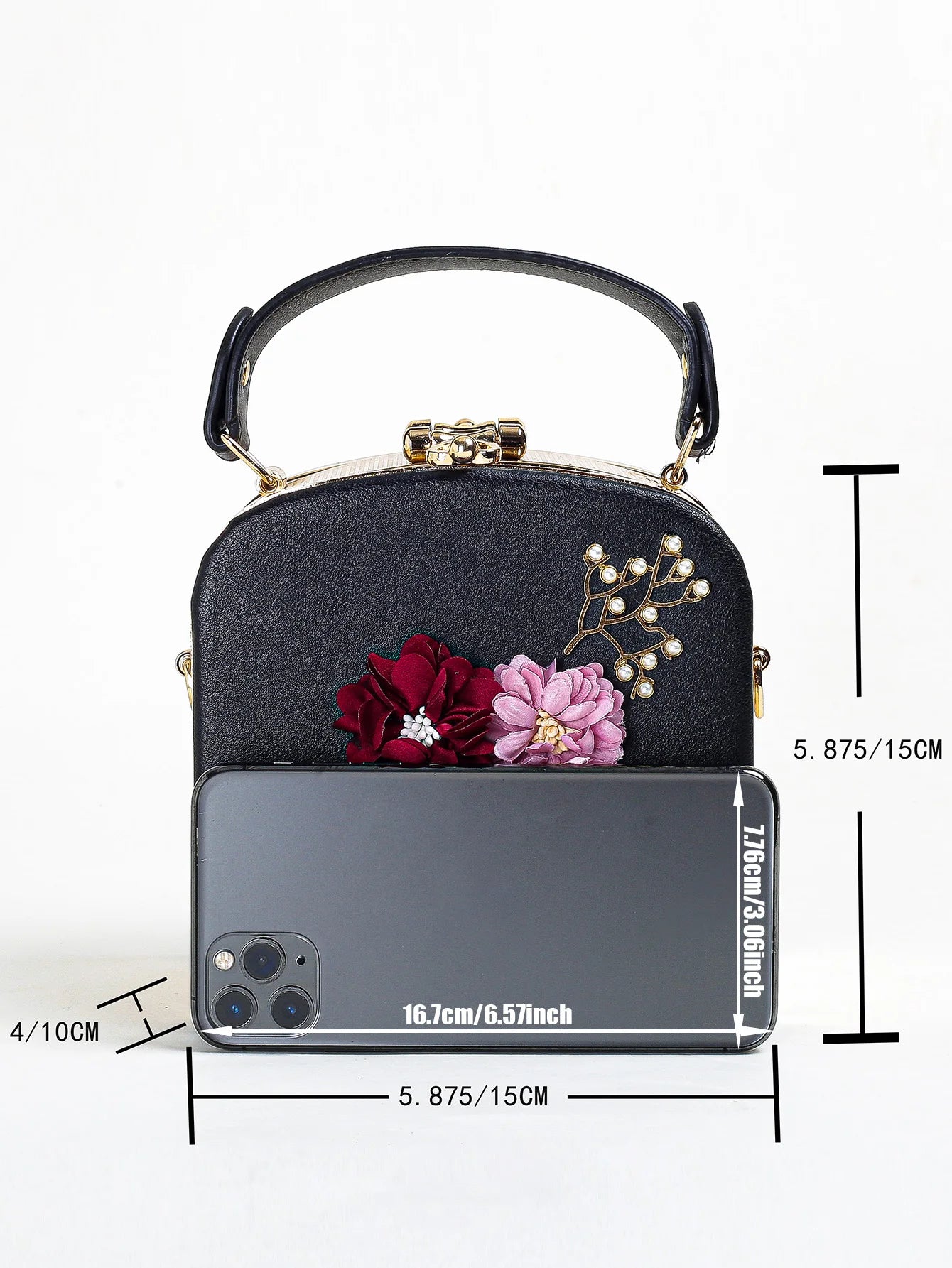 Women Trendy  Floral Decor Solid PU leather Clutch Bag，Faux Pearls Big Metal Frame Dinner Chain Boxy Bag