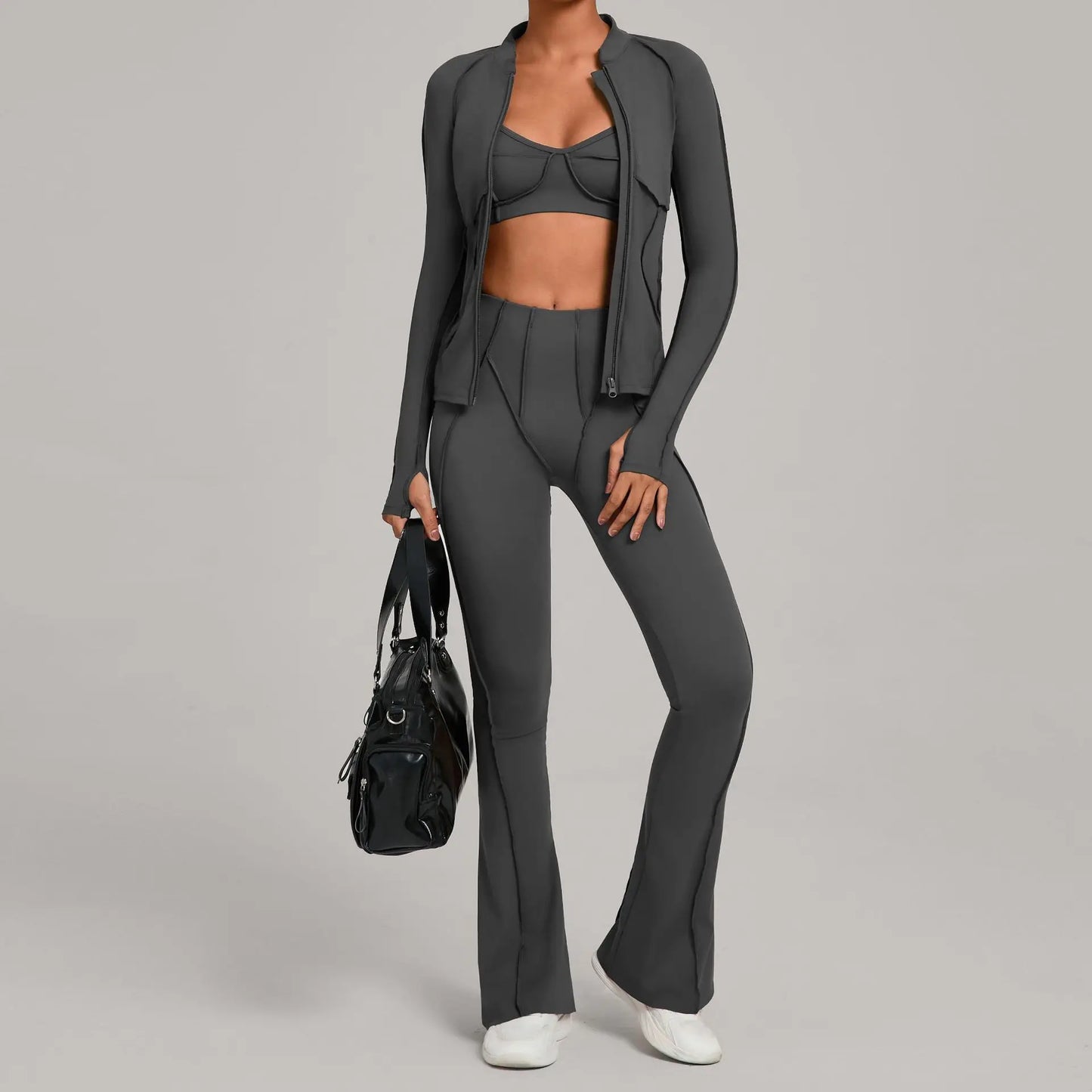 3PCS Women's Seamless Yoga Sets Sports Jackets Bra Flared-pants Suits Slim Fit Hip-Lifting Tracksuits Fitness Gym Workout Sets