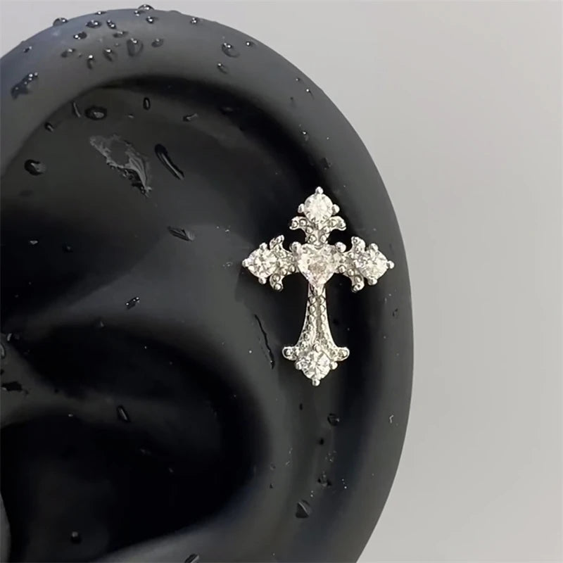 1pcs Quality Shiny Cross Zircon 316L Stainless Steel Ear Bone Nail Y2K Style Silver Color Earring for Women Cochlear Accessories