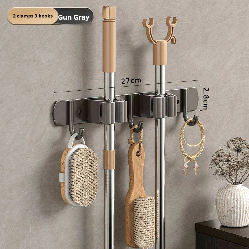 Stainless Steel Mop Broom Holder Wall Mounted No-Drilling Self Adhesive Heavy Duty Utility Storage Rack Garage Garden Organizer
