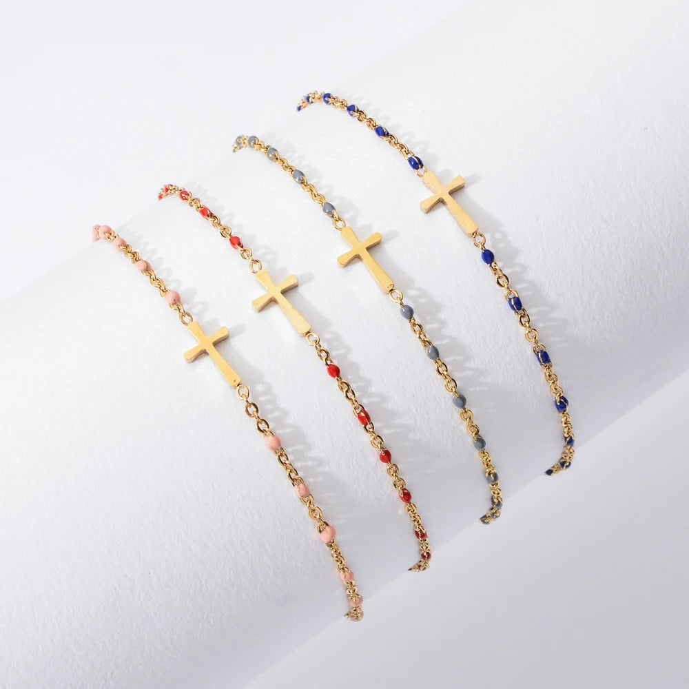 ZMZY Girls Boho Thin Chain Stainless Steel Bracelets For Women Gold Color Peach Pink Cross Charm Beautiful Gift