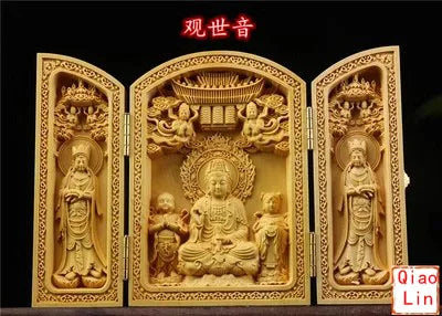 Solid Wood Carving Three Open Buddha Statue, Collapsible Sculpture, Living Room and Bedroom Decoration, Modern Art