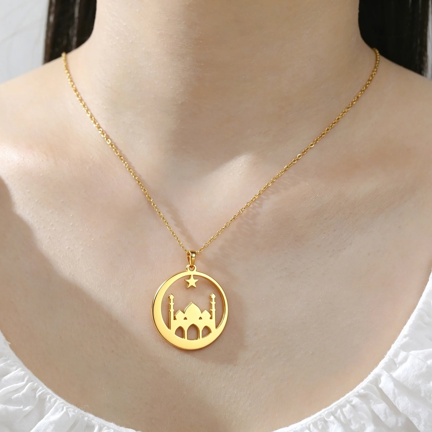 Mosque Crescent Star Necklace Stainless Steel Islamic Jewelry Muslim Eid Ramadan Pendant Gifts Her Minimalist Religious Neckwear