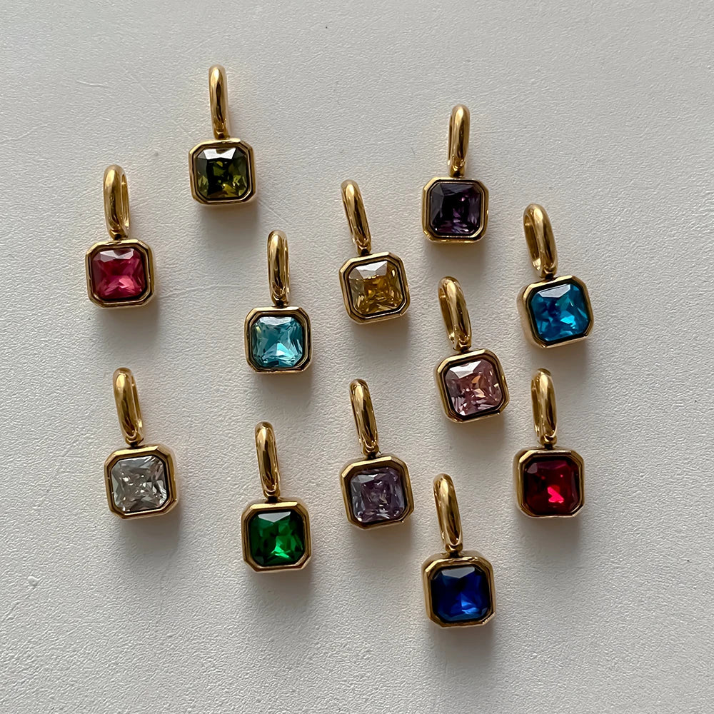 EMANCO Stainless Steel Classic Octagon Birthstone Charms 14K Gold Plated Pendant For DIY Jewelry Making Necklace