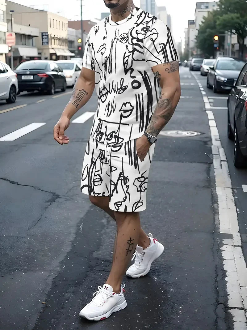 2025 Summer Men's Clothing Letter Print Short Sleeve Top Men's Elastic Waist Shorts 2-piece Set Plus Size T Shirts Shorts Set