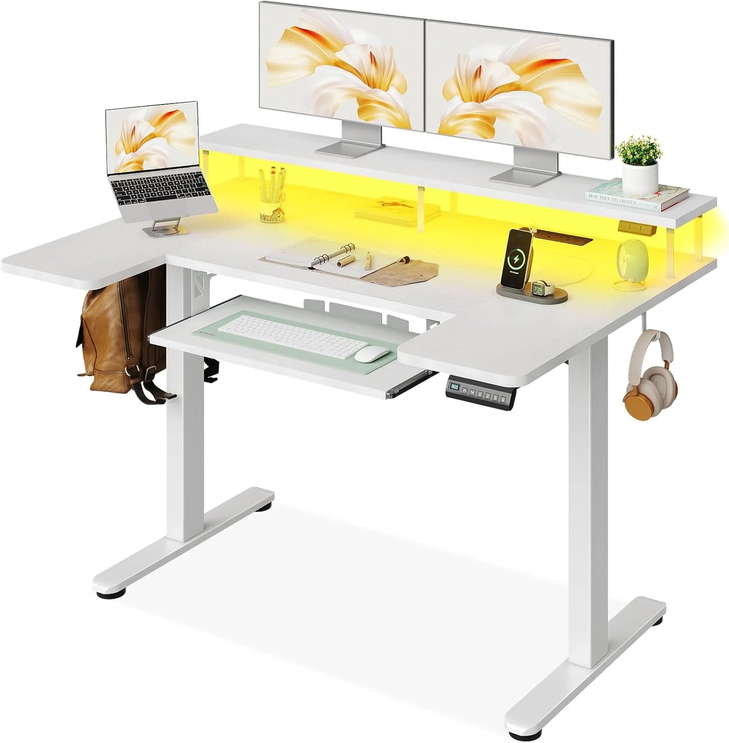 OffiGo Standing Desk, 120cm U Shaped Height Adjustable Desk with Monitor Stand, Electric Sit Stand Rising Table with Sockets,  W