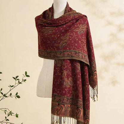 A ladies' paisley cashew jacquard Bohemian style long tassel windproof shawl scarf suitable for daily travel, photography, and w