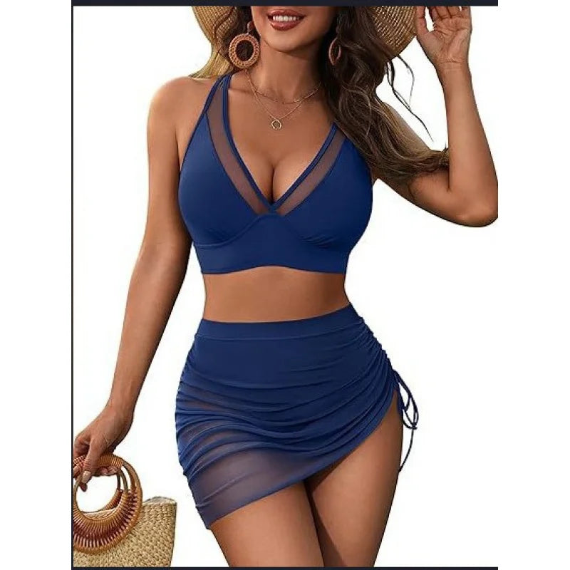 2025New Year's Fashion Swimwear Solid Color Sexy Mesh Patchwork Drawstring Two-Piece Swimsuit