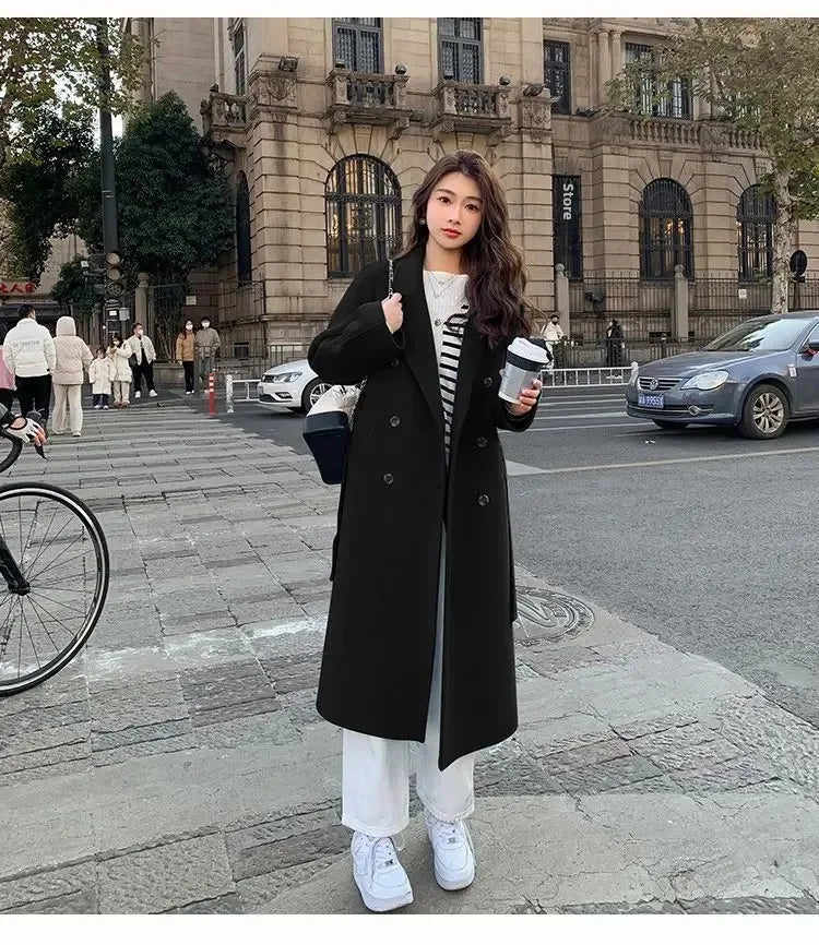 Blue Korean Style Woolen Coat Loose Women's Fashion Autumn Winter New Arrival Medium Length Belted Outerwear for Ladies | Women's Fashion