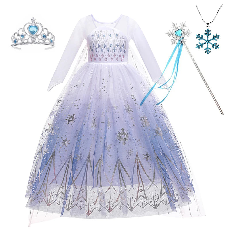 Birthday Kid Girls Cosplay White Elsa Mesh Costumes Snow Queen Elsa Princess Long Dress Halloween Party Carnival Clothes Vestido