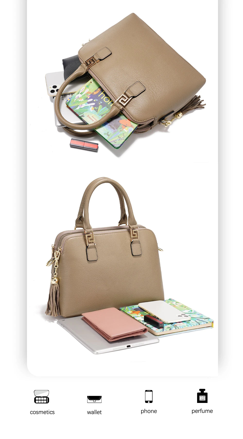 Zency 2025 Winter Women 100% Genuine Leather Shoulder Bag Ladies Crossbody Bag Elegant Tassel Top Handle Bag For Commuters Purse