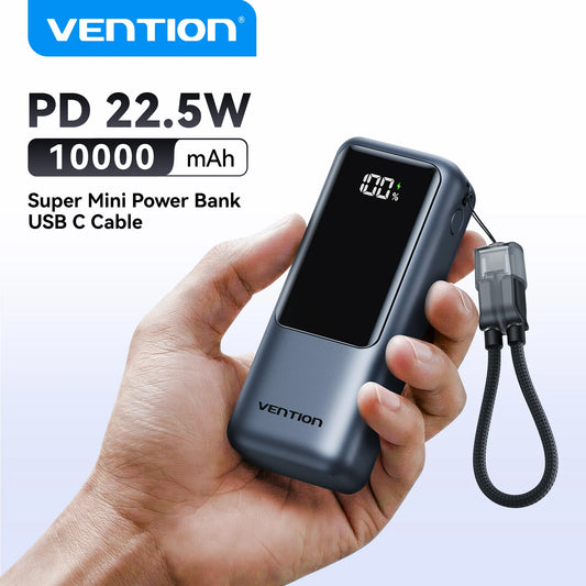 Vention 10000mAh Mini Power Bank 22.5w Portable Charger Built-in USB C Cable PD 3.0 Fast Charging for iPhone 17 Samsung S25 S24