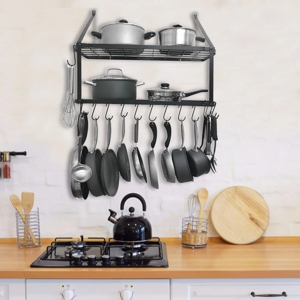 【Lifeideas】Rustproof Wall Mounted Pot Rack Pan Hanger for Kitchen Storage Organization Easy Setup 2Tier Pot Shelf