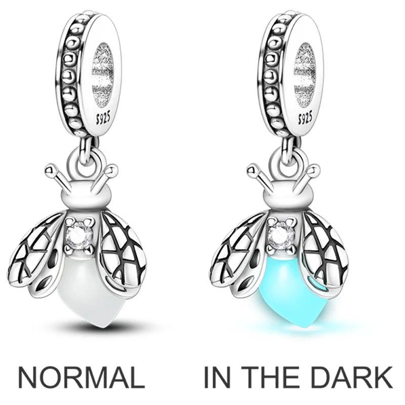 2026 Hot Sale Charms Bead 925 Sterling Sliver Pink Butterfly Luminous Firefly Dangle Fit Bangle Bracelet Necklace DIY Jewelry
