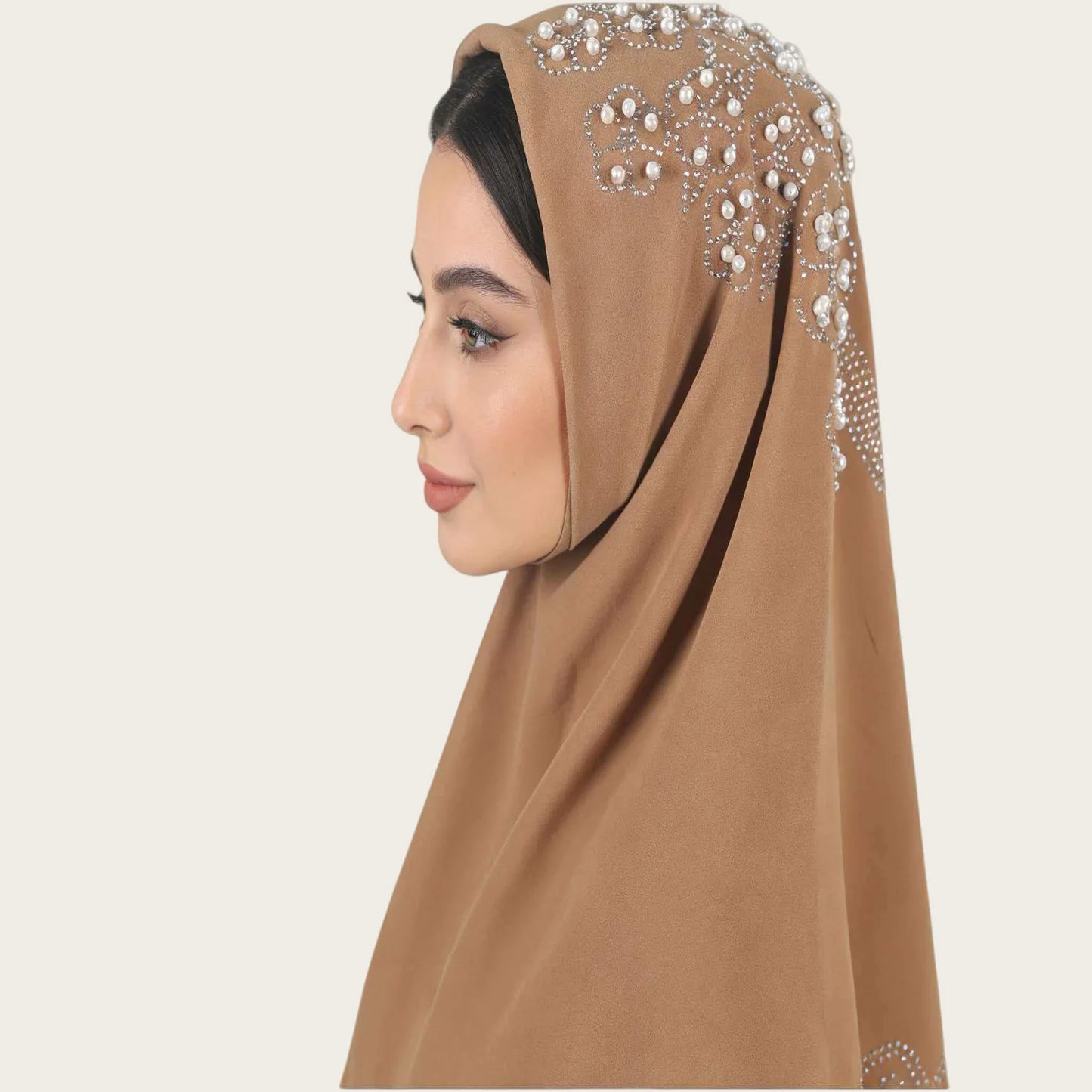 Muslim Square Scarf Women Fashion Rhinestone Hijab Arab Headwrap Turban Headband Pearl Chiffon Islamic Headscarf  Free Pin