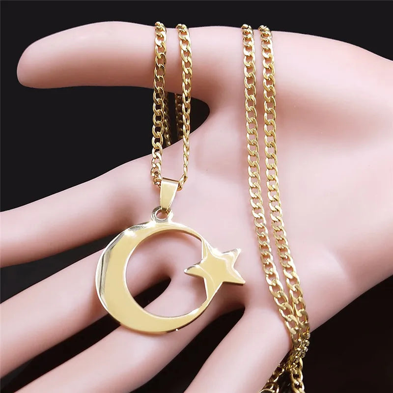 2026 Muslim Islam Moon Star Stainless Steel Chain Necklaces for Women Gold Color Necklace Jewelry Collares De Mujer N4811S05