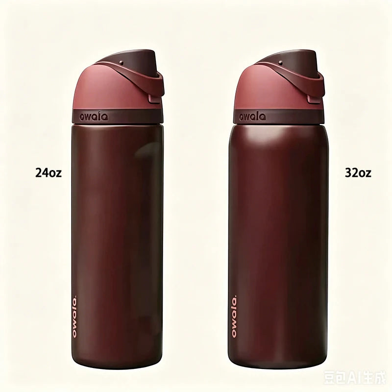 Owala Insulated Cup Black Cherry FreeSip Double Lid Large Capacity Sports Straw Insulated Cup Portable Cup，Silicone bottom cover