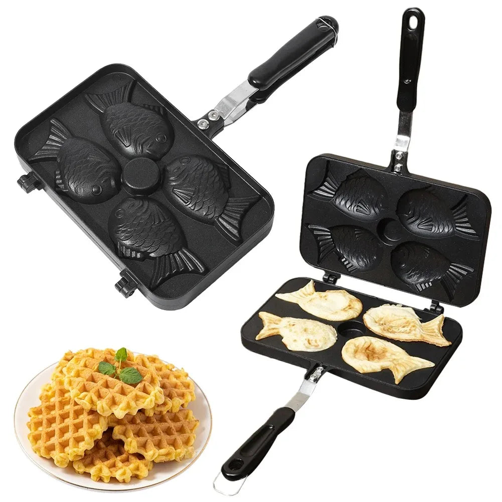 Japanese Taiyaki Waffle Maker Double Fish Shaped Dessert Cake Pan Kitchen Pancake Fry Pan Waffle Molds for Hot Desserts