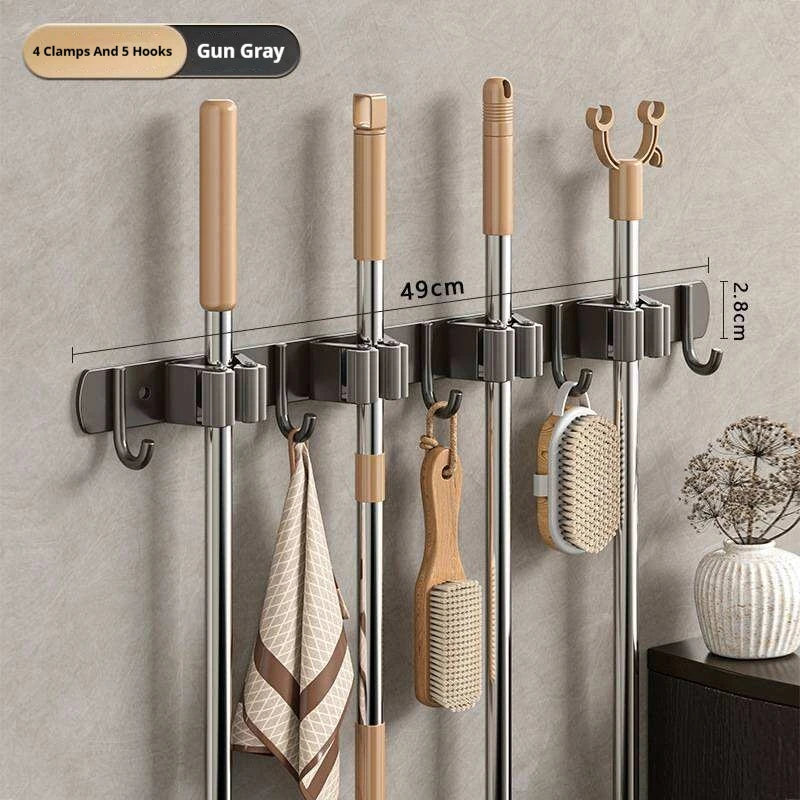 Stainless Steel Mop Broom Holder Wall Mounted No-Drilling Self Adhesive Heavy Duty Utility Storage Rack Garage Garden Organizer