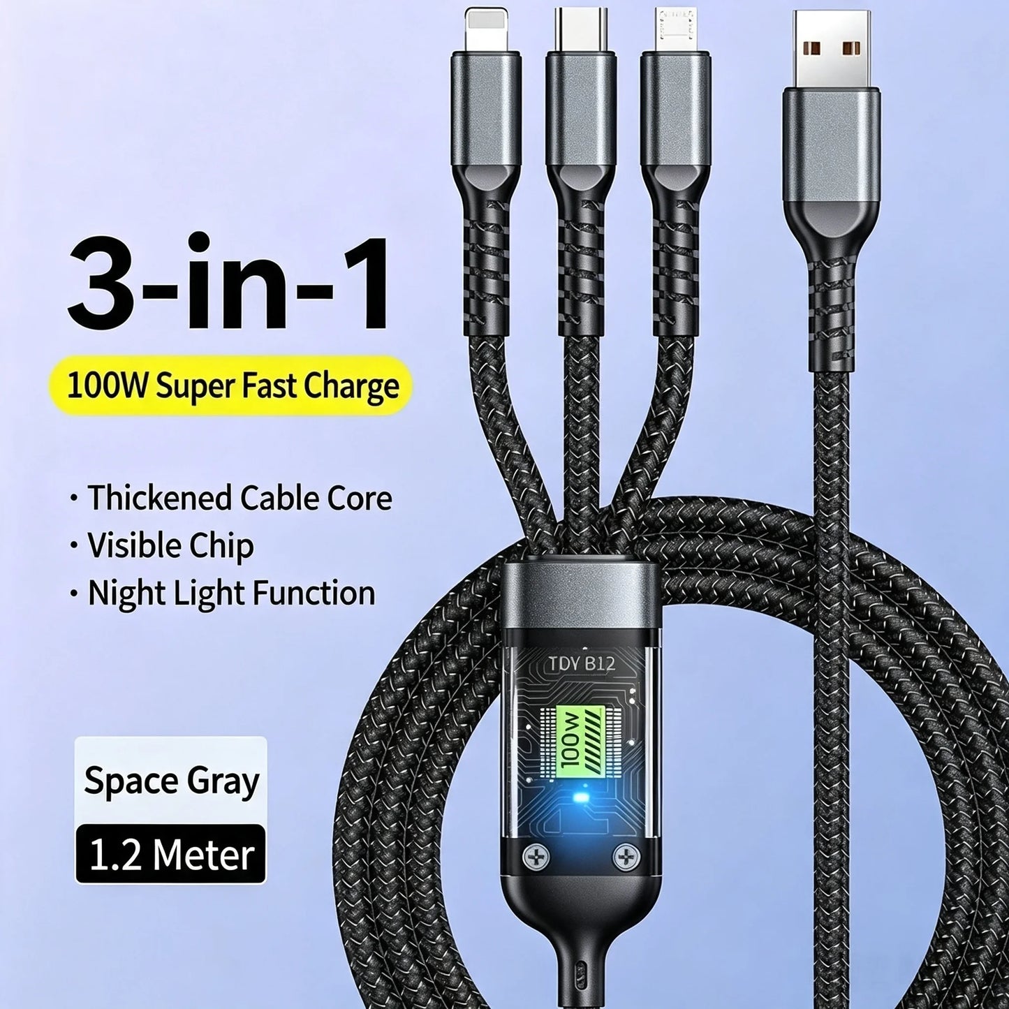 3-In-1 Super Fast Charging Cable, 3-In-1 Charging Cable With Transparent Illuminated Braided Nylon Wire, Fast Charging Data