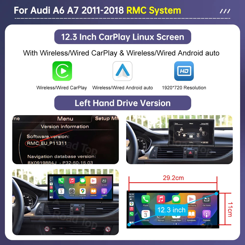 Road Top 12.3" Linux Screen For Audi A6 C6 A7 C7 2011-2018 with Wireless CarPlay Android Auto Airplay Car Radio Player