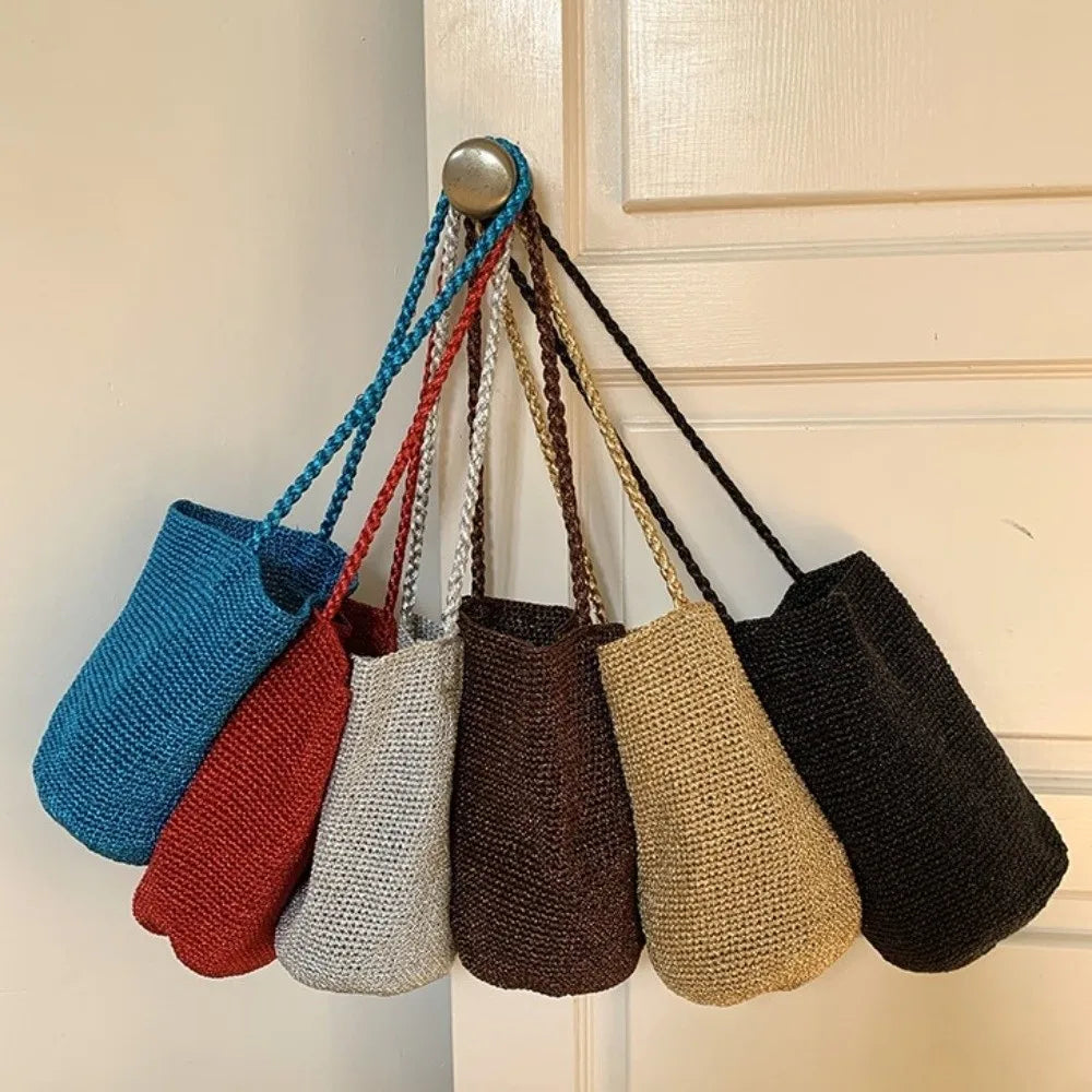 New Large Capacity Handwoven Bucket Bag Solid Color Boho Metal Line Bucket Bag Straw Design Handmade Crossbody Bag Gifts