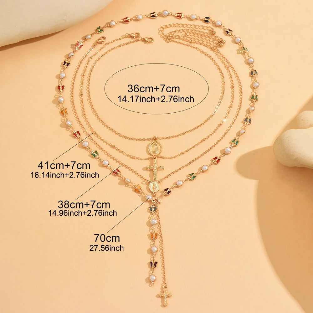 Layered Rosary Cross Necklace Vintage Gold Silver Mary Pendant Pearl Beaded Y Lariat Jewelry Gift for Women