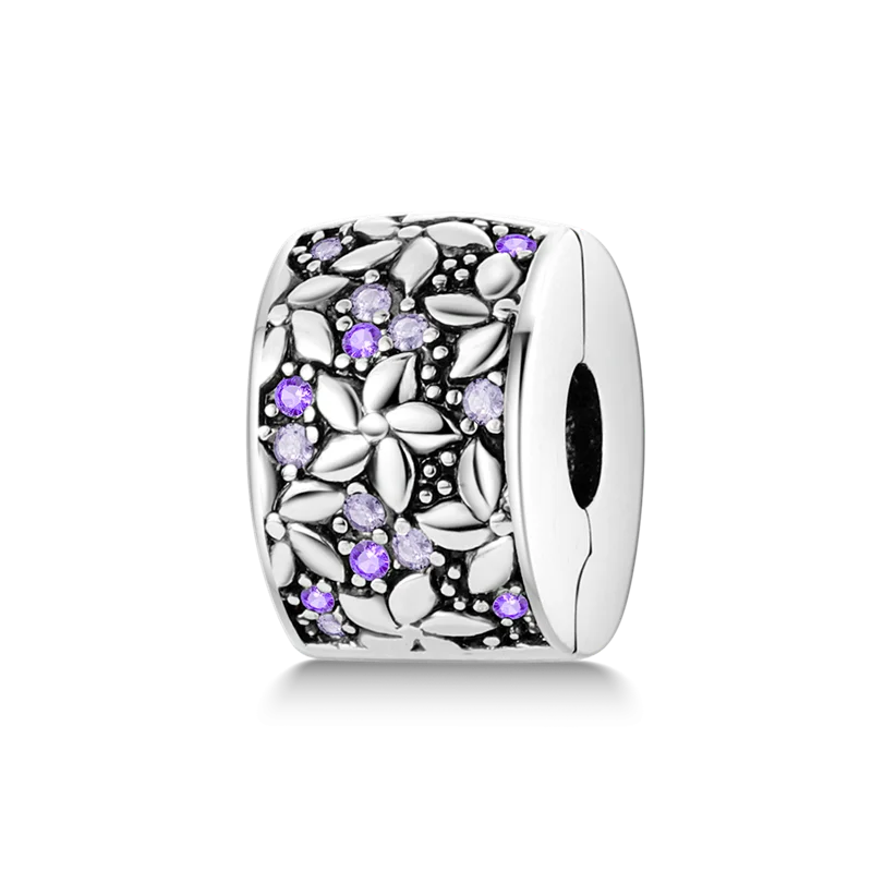 Silver Clasp 925 Sterling Silver CZ Pave Clip Charms Daisy Beads Stopper Safety Chain Fit Original Bangle Bracelet Jewelry Clips