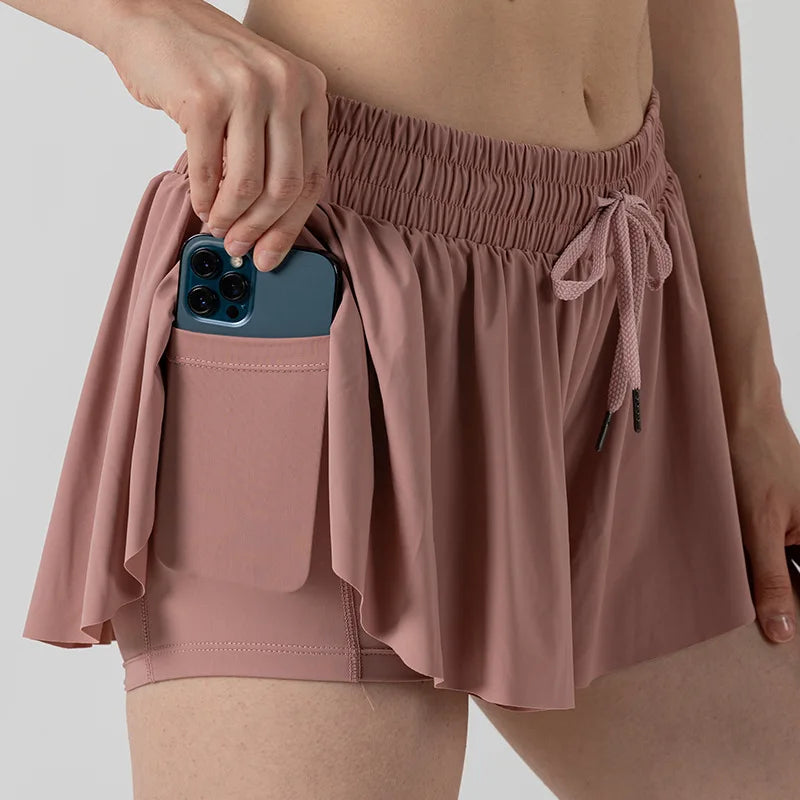 2 in 1 Flowy Sports Shorts Women Running Short Butterfly Tennis Skirt with Pockets Gym Yoga Athletic Biker Spandex Skirts Summer