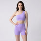 Women One Shoulder Scalloped Trim Sports Bra High Waist Scalloped Yoga Shorts 2 Pcs Workout Set Squat Proof Gym Pilates Outfit