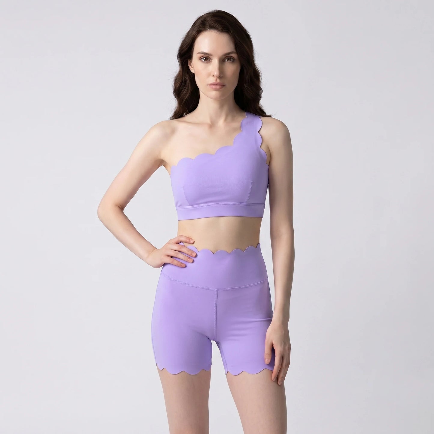 Women One Shoulder Scalloped Trim Sports Bra High Waist Scalloped Yoga Shorts 2 Pcs Workout Set Squat Proof Gym Pilates Outfit