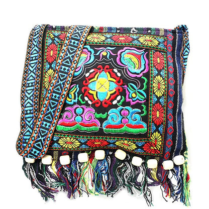 Boho Ethnic Style Embroidered Crossbody Bag with Tassel Decor for Women