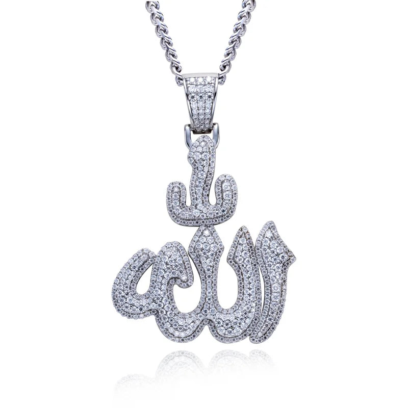 MossanRappr 2.9cttw Moissanite Islam Muslim Rune Patter Pendant Allah Necklace 925 Sterling Silver Hip Hop Jewelry Gifts for Men