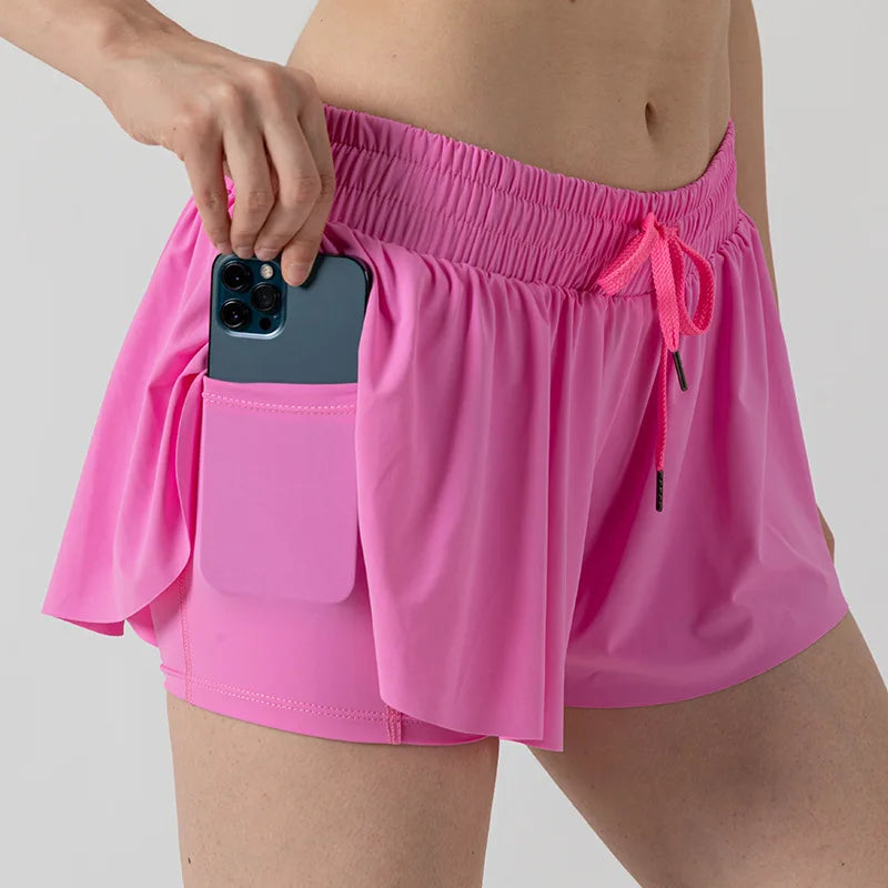 2 in 1 Flowy Sports Shorts Women Running Short Butterfly Tennis Skirt with Pockets Gym Yoga Athletic Biker Spandex Skirts Summer