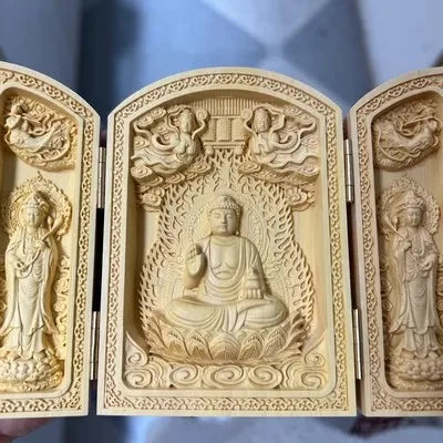 Solid Wood Carving Three Open Buddha Statue, Collapsible Sculpture, Living Room and Bedroom Decoration, Modern Art
