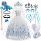 Disney Elsa Princess Dress For Girl White Printed Long-Sleeved Lace Dress Festive Party Gift Set Frozen Dress Fire Spirit Olaf