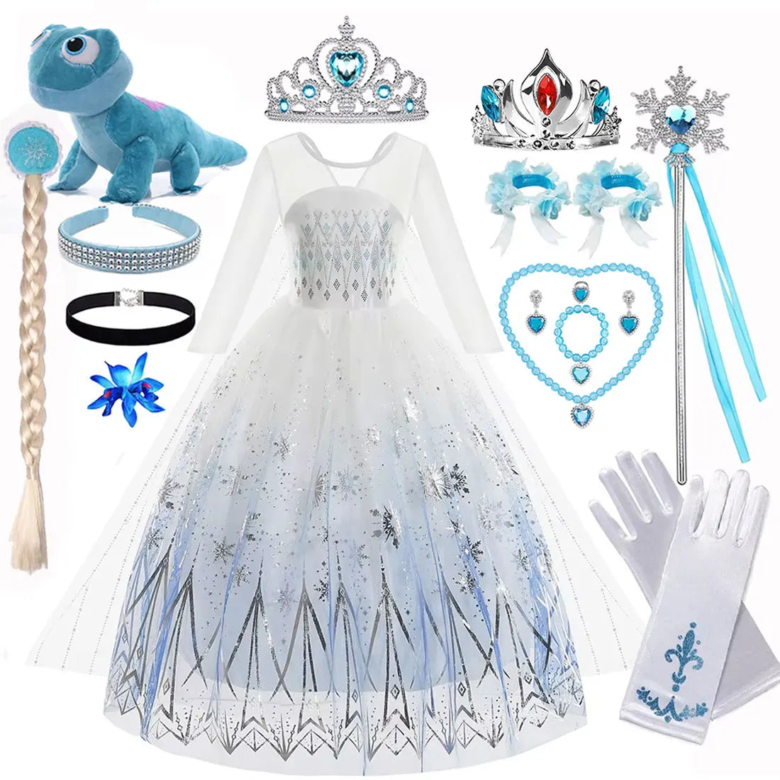 Disney Elsa Princess Dress For Girl White Printed Long-Sleeved Lace Dress Festive Party Gift Set Frozen Dress Fire Spirit Olaf