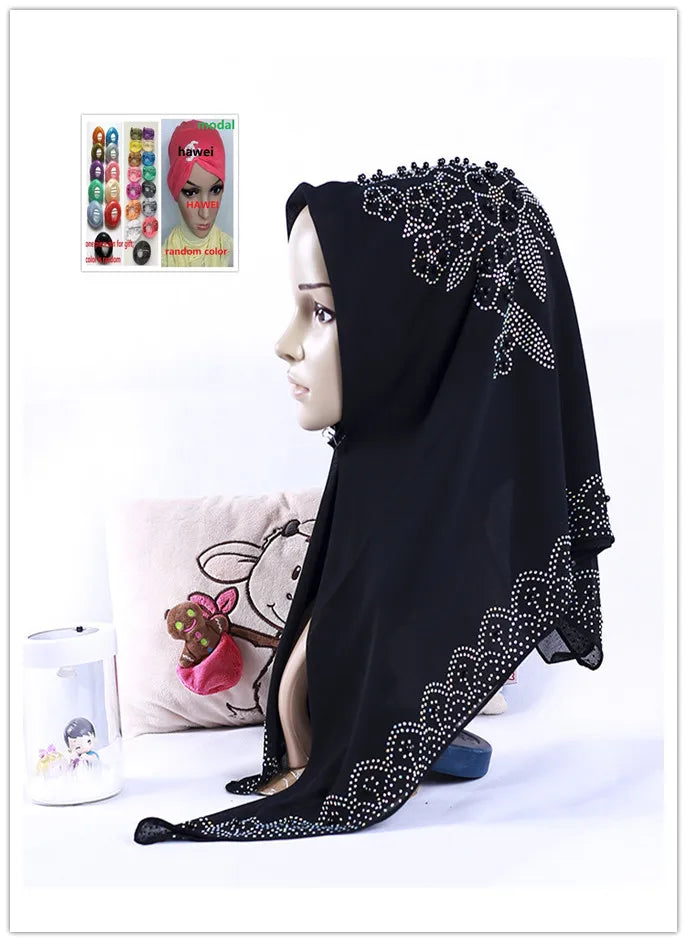 Muslim Square Scarf Women Fashion Rhinestone Hijab Arab Headwrap Turban Headband Pearl Chiffon Islamic Headscarf  Free Pin