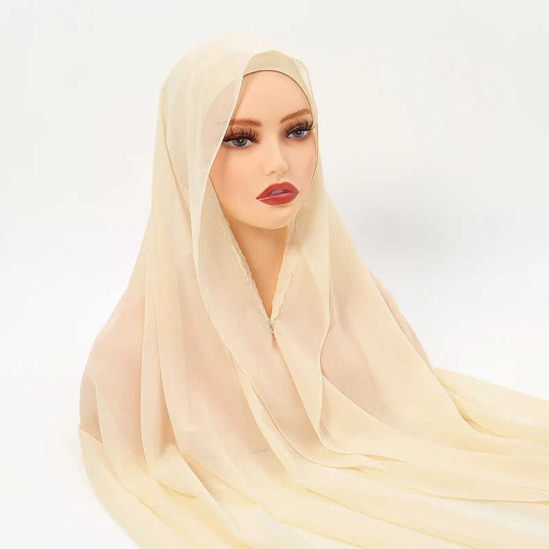 Chiffon Instant Hijab With Bulit-in Magnets Muslim Woman Hijab Solid Color Easy To Wear Shawl Wrap With Undercap Famme Headscarf